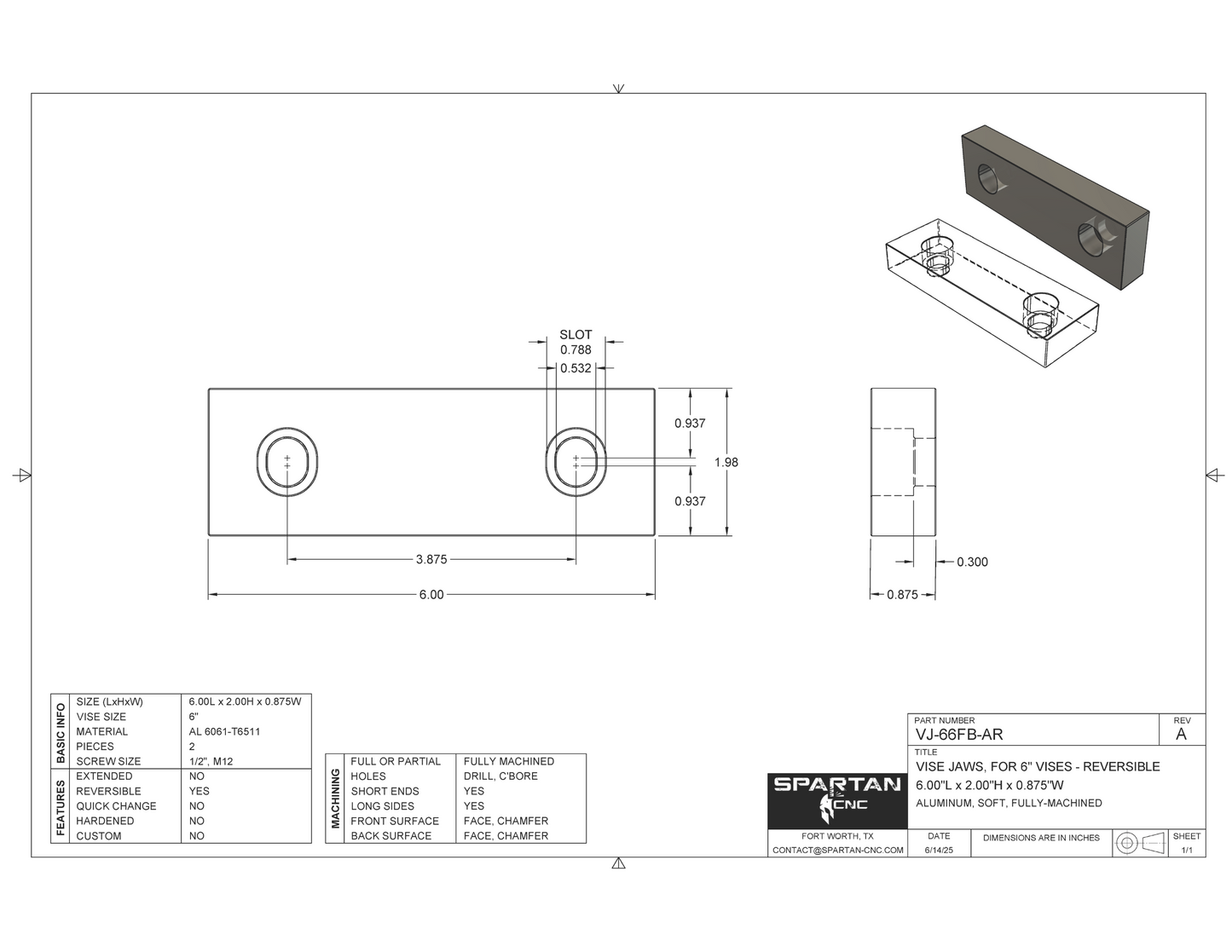 6" Vise Jaws, 6 x 2 x 0.875, ~VJ-66FB-AR, Reversible, Aluminum