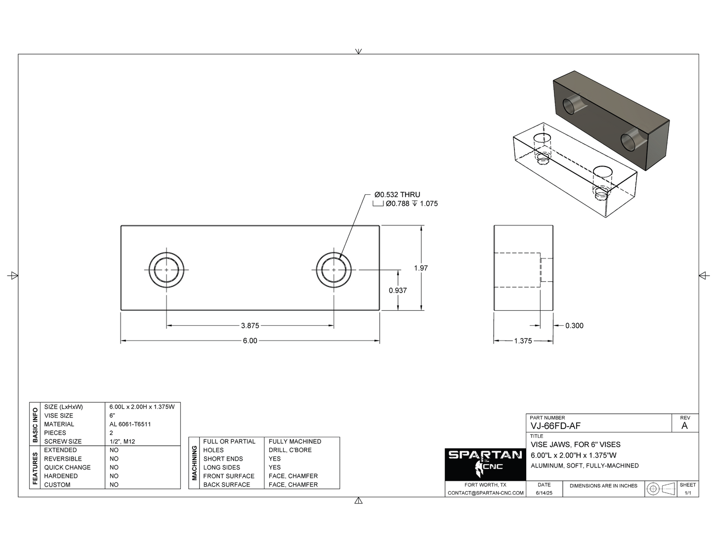 6" Vise Jaws, 6 x 2 x 1.375, ~VJ-66FD-AF, Aluminum