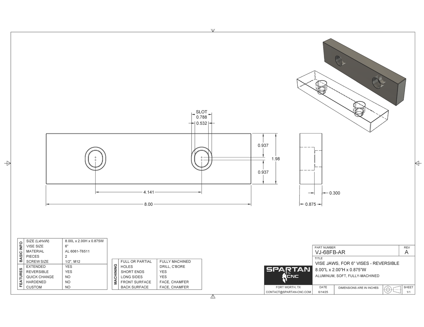 6" Vise Jaws, 8 x 2 x 0.875, ~VJ-68FB-AR, Reversible, Aluminum