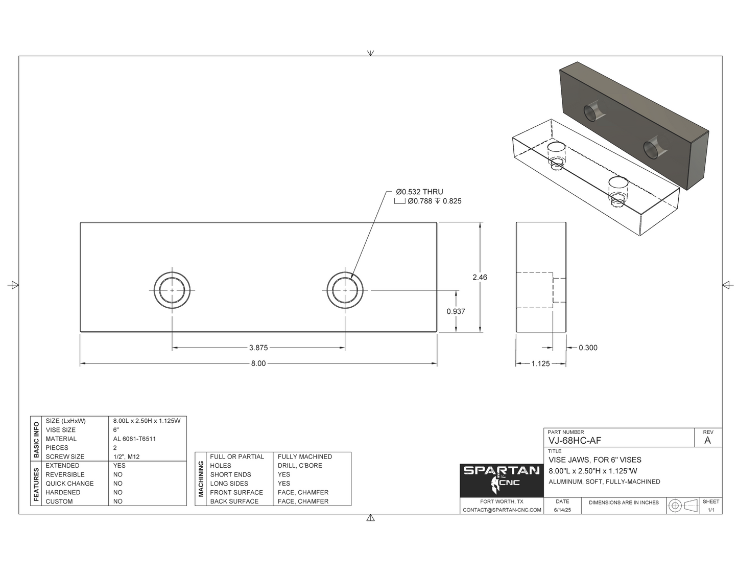 6" Vise Jaws, 8 x 2.5 x 1.125, ~VJ-68HC-AF, Aluminum
