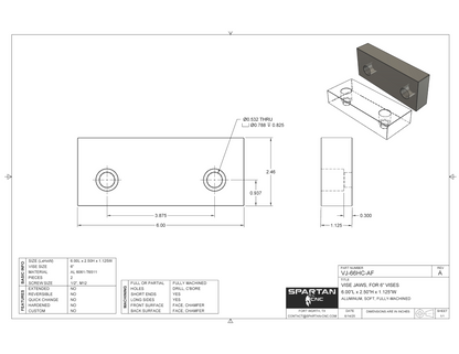 6" Vise Jaws, 6 x 2.5 x 1.125, ~VJ-66HC-AF, Aluminum