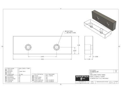6" Vise Jaws, 8 x 2.5 x 1.125, ~VJ-68HC-AF, Aluminum
